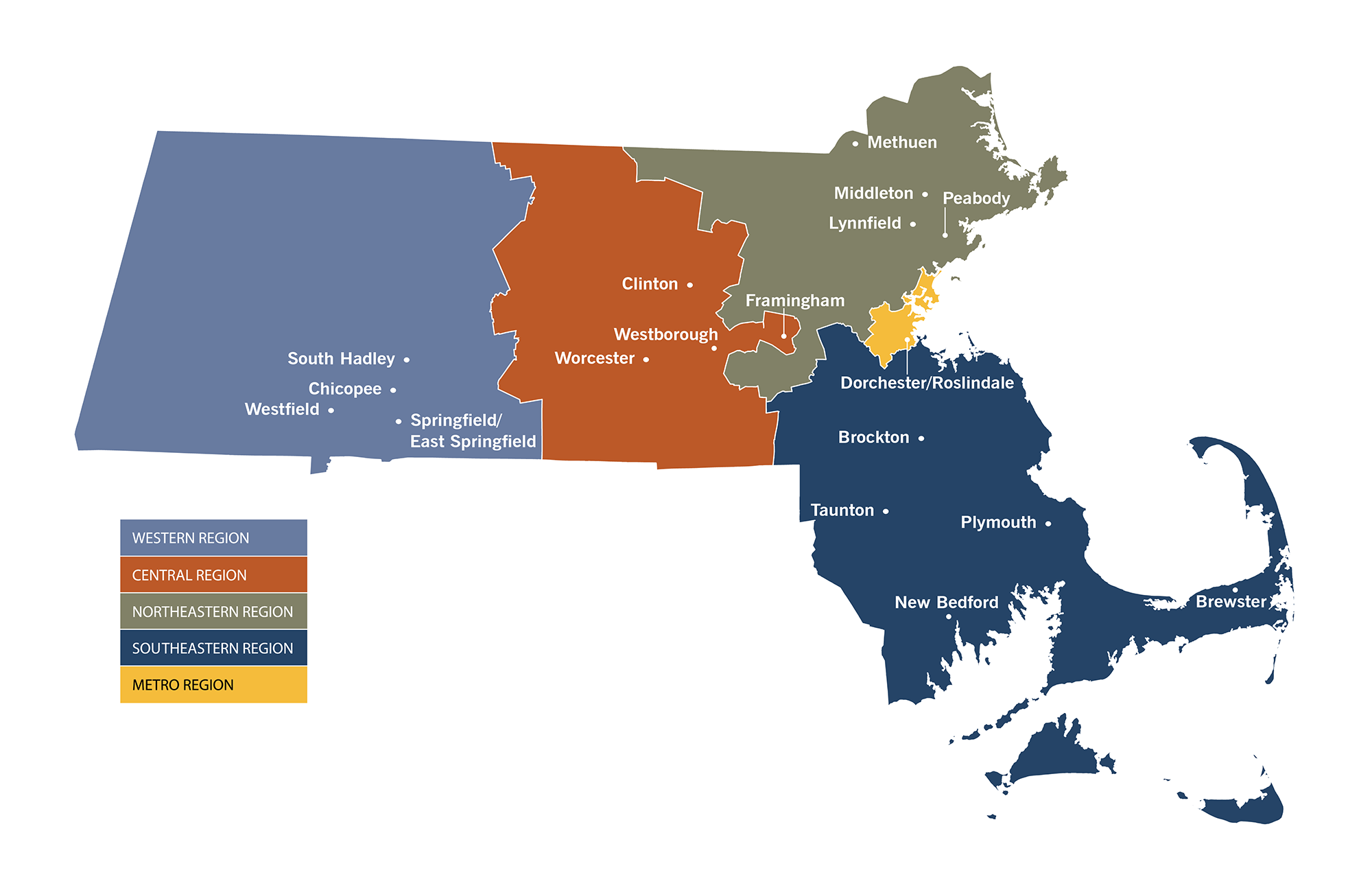 Map of Massachusetts delineating the regions served by the DYS program